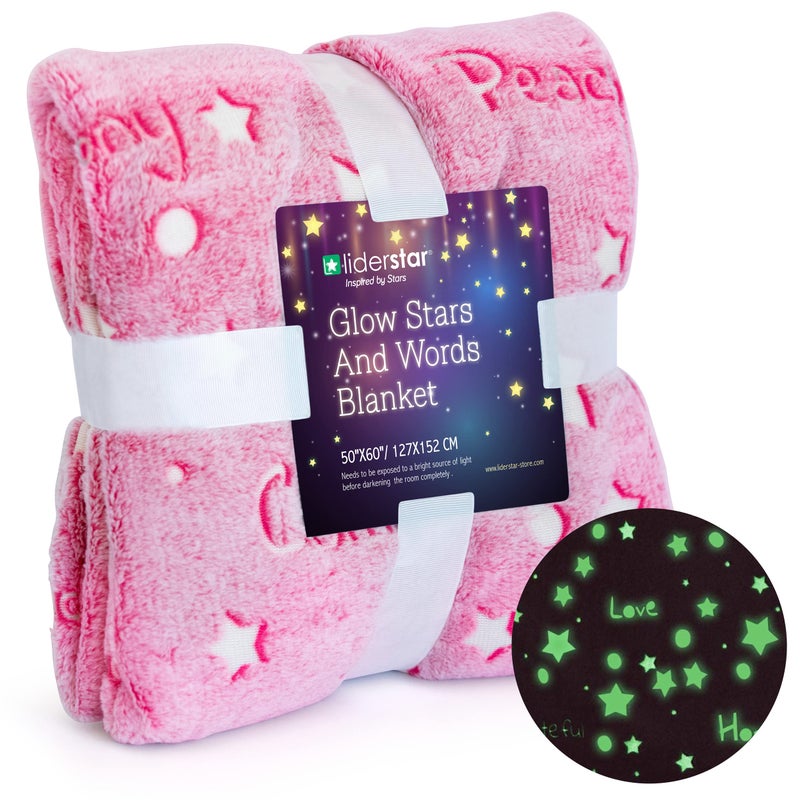 LIDERSTAR Glow in The Dark Throw Blanket, Super Soft Fuzzy Plush Fleece, Decorated with Stars and Words of Encouragement, Birthday Gift for Girls Kids Women Teens Grandkids Toddlers, Pink, 50" x 60" - Image 1